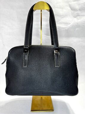 Salvatore Ferragamo Black Pebbled Leather Shoulder Tote Bag Made in Italy